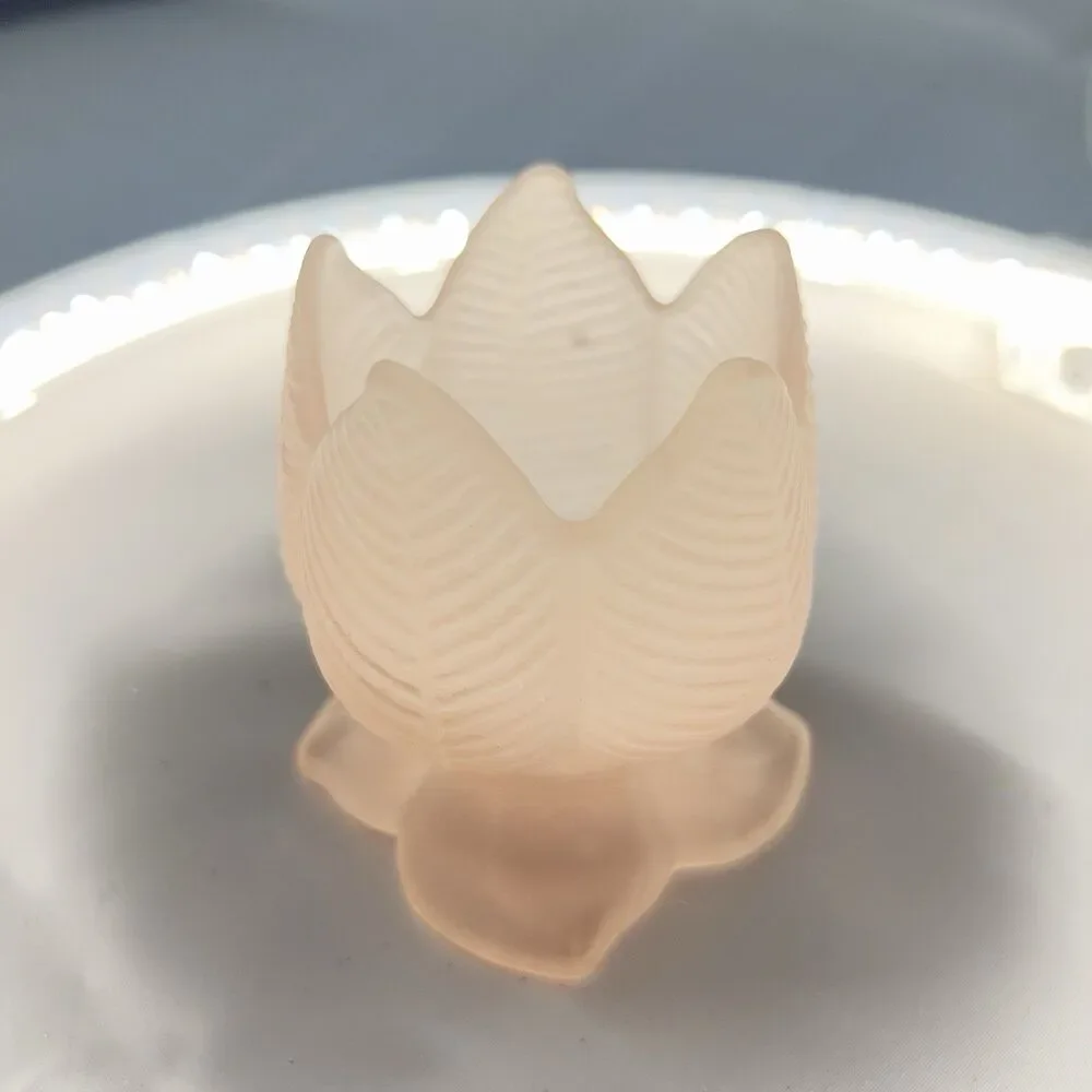 Vtg Tulip/Lotus Candle Holder Frosted Pink Embossed Glass - Leaf Pedestal MCM 3”